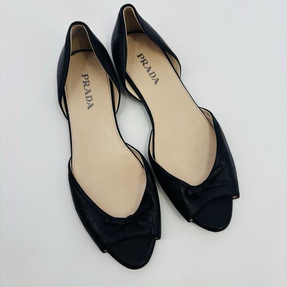 Prada Leather D'orsay Flats Slip On Open Toe Shoes Black Size 39.5 /US 9 Women - Picture 2 of 8